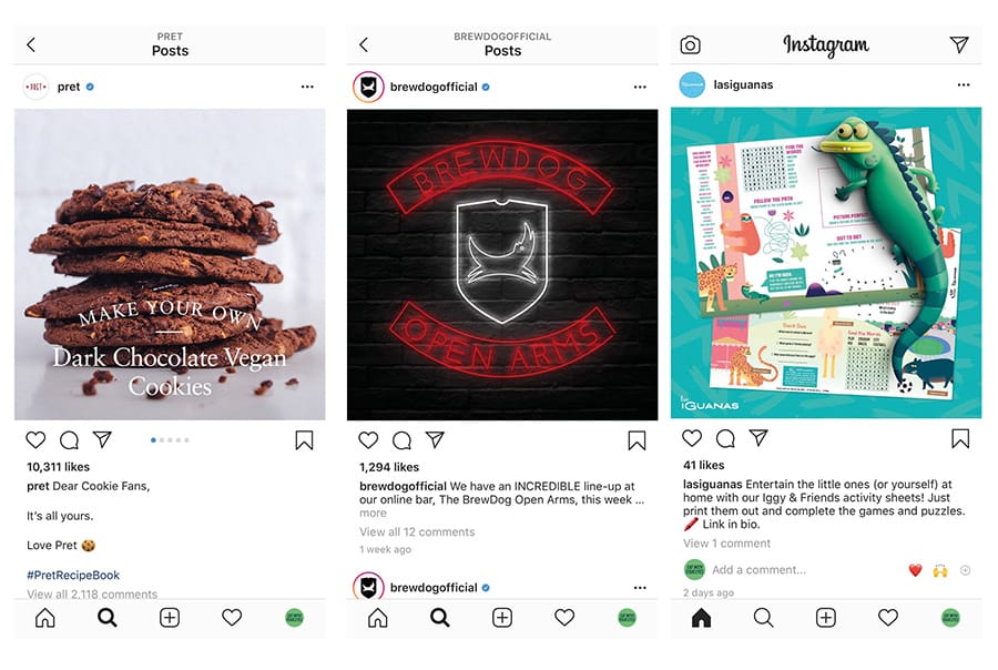 Instagram posts about online activities from restaurants