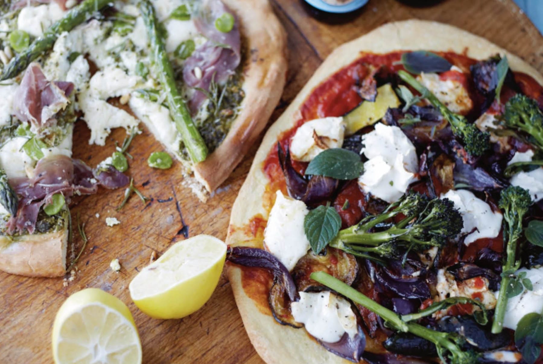 Pizza on wooden platter