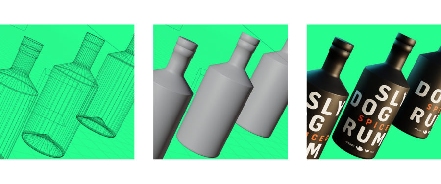 CGI in progress. Sly Dog Rum bottles being animated using CGI.