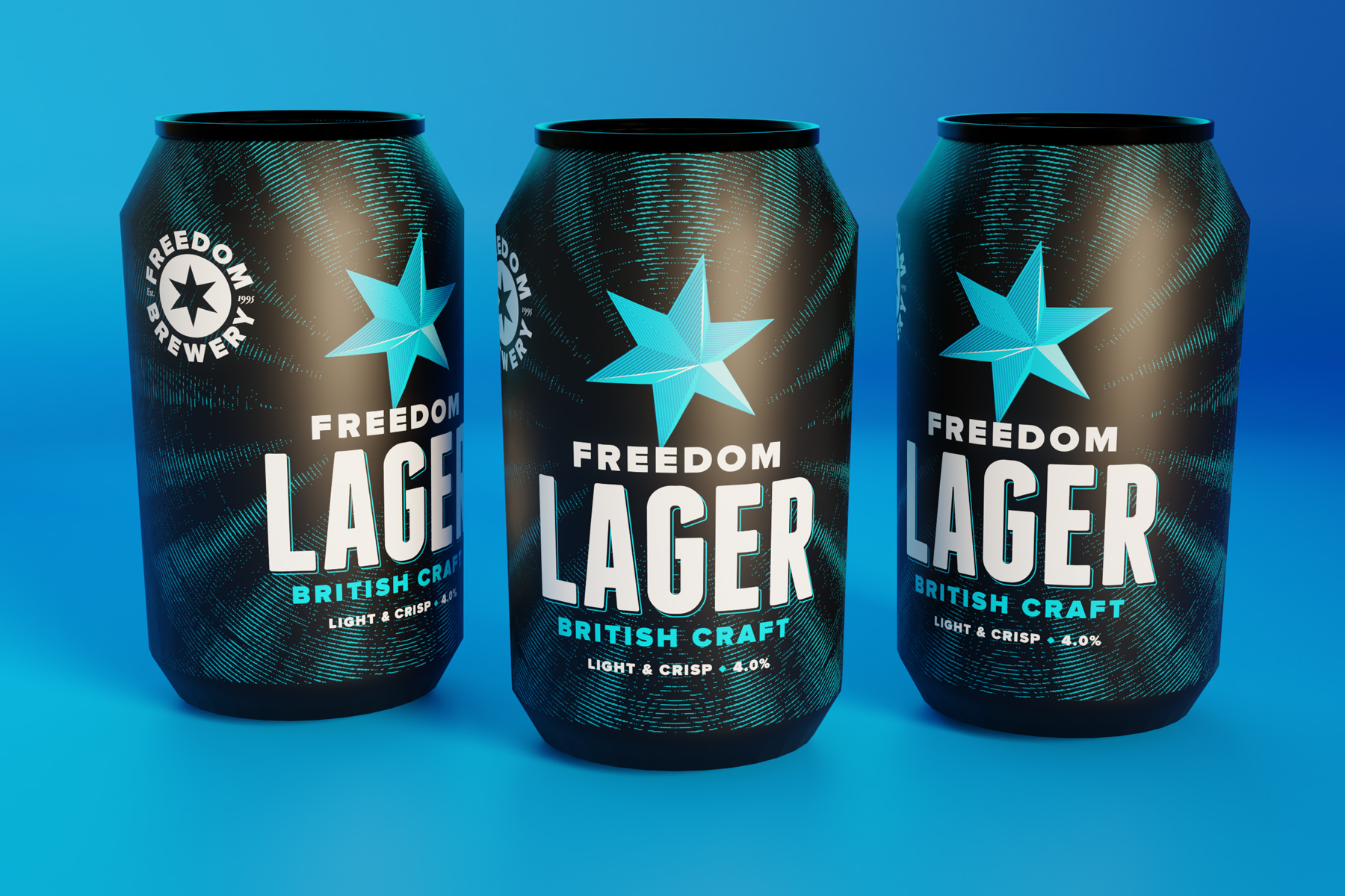 A set of three Freedom Brewery beer cans. CGI