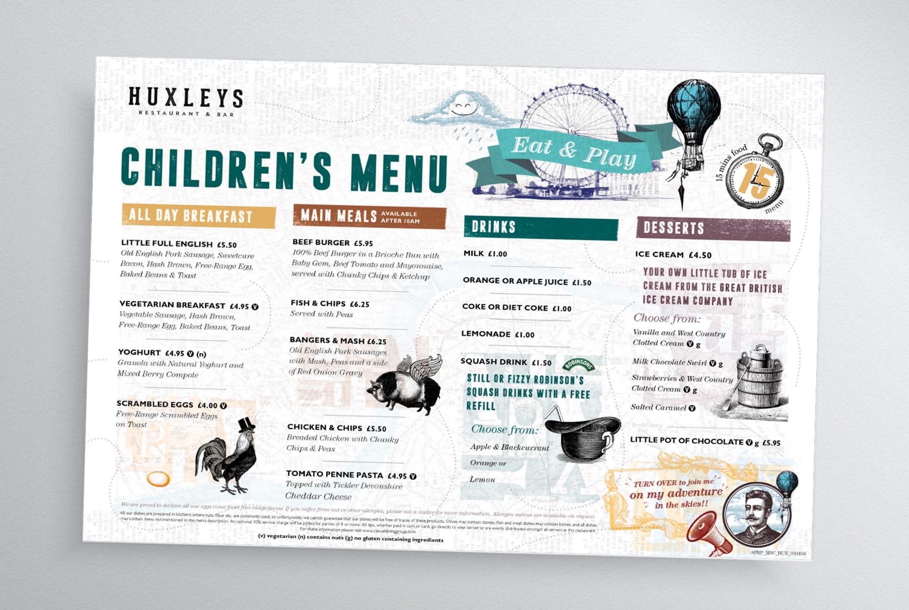 Huxleys Restaurant Bar Brand Repositioning - Childrens Menu Design