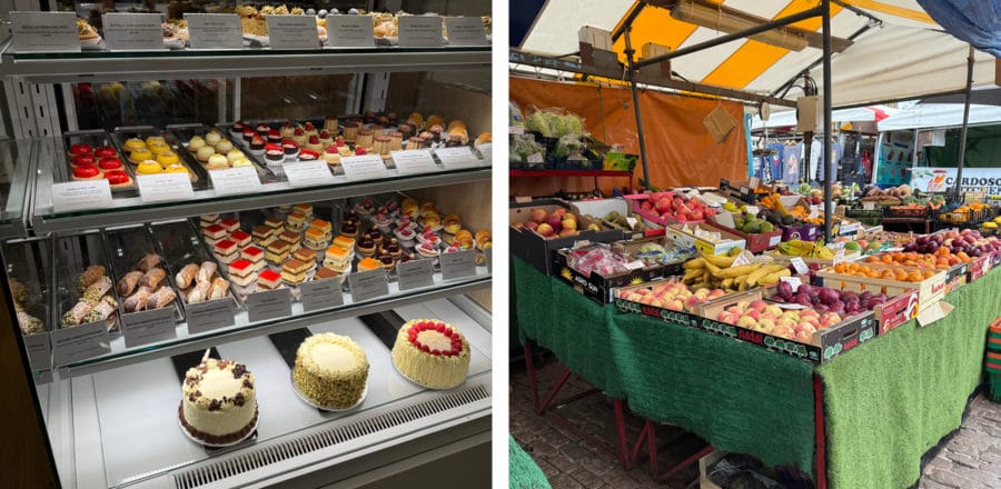 Cakes and fruit stalls in Cambridge